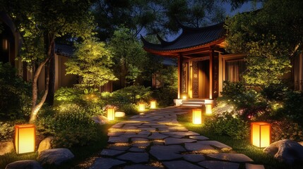 Fototapeta premium Illuminated Pathway Leading to a Serene Asian Style Home