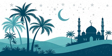 Islamic Desert Oasis with Mosque and Crescent Under Starry Sky V1