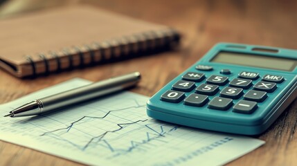 Business financial analysis with calculator, notebook, and pen on a wooden surface.