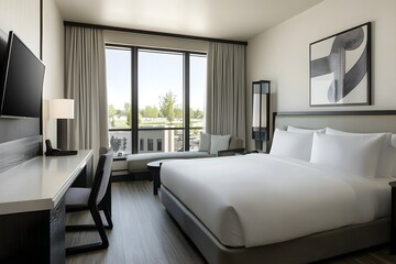 Modern Hotel Room with King Bed and City View