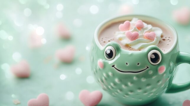 Cute mug of coffee with marshmallows. Banner with place for text. Cosy season sweet drink cup. Friendship or love concept greeting card.