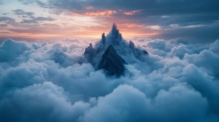 Majestic mountain peak rising through ethereal clouds at sunset in breathtaking landscape