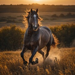 Obraz premium A majestic horse galloping through a golden field at sunset.