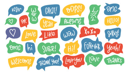 Fototapeta premium A set of colorful speech bubbles with various hand-drawn text phrases. Perfect for projects related to communication, emotions, and social media.