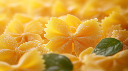 Close-up of uncooked farfalle pasta arranged in a decorative pattern with a warm glow