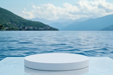 Round Platform Overlooking a Scenic Blue Lake and Mountain Landscape, ideal for showcasing products or emphasizing natural beauty.