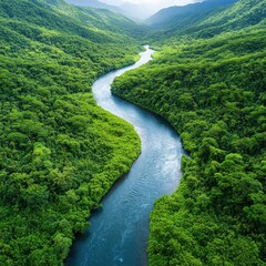 Lush Green Landscape with River Flowing Through Mountain Valley