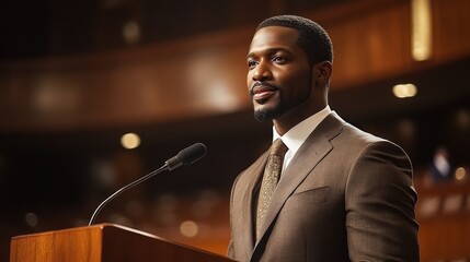 Man delivering speech at legislative hall