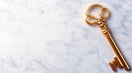 Vintage Golden Key on a White Marble Surface with Copy Space
