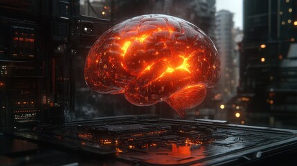 Burning transparent brain in a futuristic city landscape.