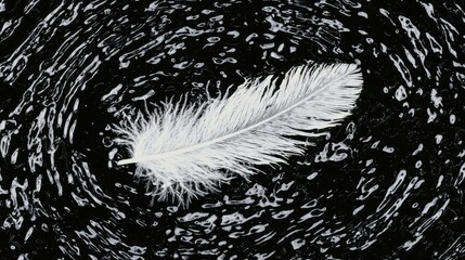 White Feather Floating on Dark Swirling Water Surface in Motion