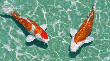 Colorful Koi Fish Swimming in Clear Blue Water with Reflections