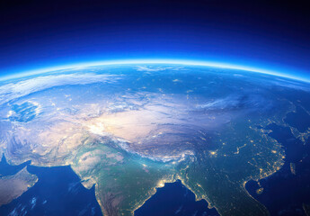 Mesmerizing Realistic Earth View from Space with Swirling Clouds and Hazy Land Masses, Dark Blue Atmosphere Highlighting Habitable Surface, Deep to Light Blue Palette Evoking Awe and Humility