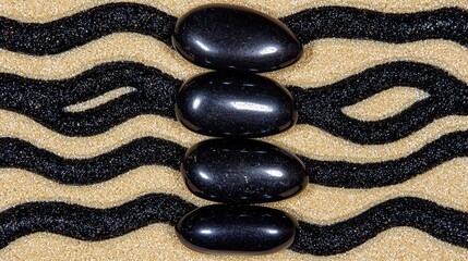Black Smooth Stones on Abstract Wave Pattern Background