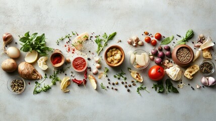 A balanced food selection of plant-based ingredients spread artfully on a gray concrete background
