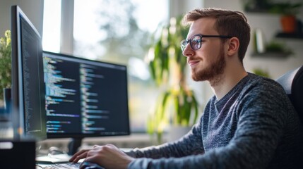 API development and integration, a developer designing APIs for seamless system communication, highlighting precision and usability