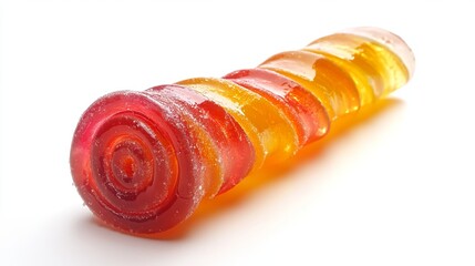 A jelly candy roll lies alone against a white backdrop. Its vibrant hues of red, orange, and yellow are reminiscent of marmalade, a sweet and tangy fruit preserve