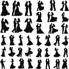 Romantic couple in various poses silhouettes collection set. Couple falling in love different poses isolated on white background silhouette set., Cute couple dancing , Young couples silhouette dancing