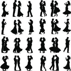 Romantic couple in various poses silhouettes collection set. Couple falling in love different poses isolated on white background silhouette set., Cute couple dancing , Young couples silhouette dancing