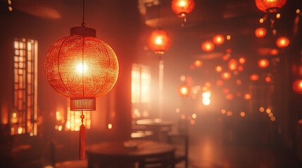 Red lanterns illuminate a dimly lit room.