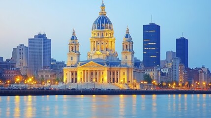 Fototapeta premium Cityscape at twilight with illuminated cathedral and modern skyscrapers along a river.