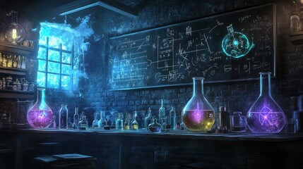 A mystical laboratory filled with glowing potions and scientific diagrams.