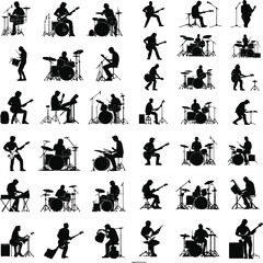 Group of musicians playing different musical instruments black silhouettes set collection, silhouettes of musician