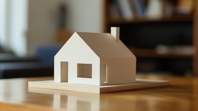 Architect's office with small white house model on wooden desk, bookshelves in background. Planning and building new home concept