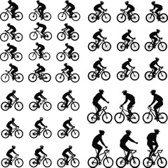 set of silhouettes of people riding bicycle. cyclist side view. high detail. isolated on a background, A set of bicycle cyclists riding their bikes in silhouette