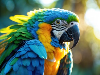 Obraz premium Colorful macaw perches in lush surroundings during golden hour revealing stunning plumage and captivating expression