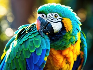 Fototapeta premium Colorful parrot perched on a branch showcasing vibrant feathers in a lush green habitat during the day