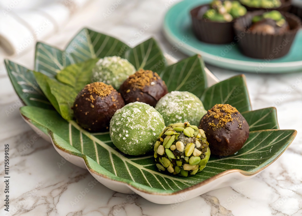 Poster plate with a leaf-shaped design containing round, green and brown sweets with different toppings, pl