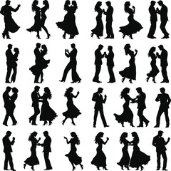Set of romantic couple dancing have fun together silhouettes isolated on white background, Cute couple dancing | vector silhouette illustration on white background