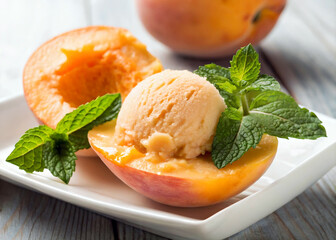 plate with a slice of peach, a scoop of peach ice cream, and a sprig of mint. The background features a wooden table.