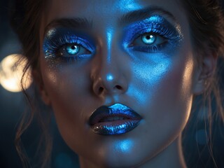 Fototapeta premium Stunning close-up of a model with dramatic blue makeup and striking reflective features under soft lighting at an evening event