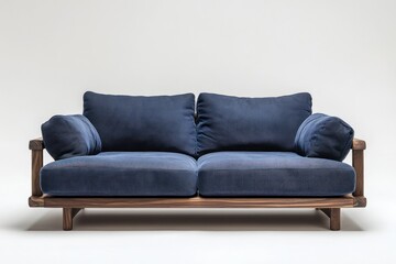 Studio shot Blue linen sofa, wooden frame, white background, interior design