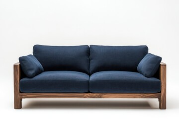 Studio shot, navy blue fabric sofa, wooden frame, white background, furniture catalog