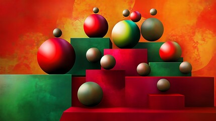 Artistic arrangement of colorful geometric spheres layered on platforms in red and green background