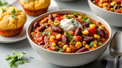 A hearty bowl of chili with beans, corn, and topped with sour cream, accompanied by cornbread muffins, garnished with fresh cilantro.