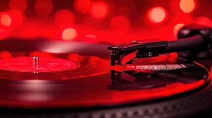 Close-up of a turntable playing a vinyl record in a red-lit environment.