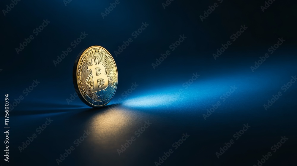 Poster cryptocurrency coin standing on dark blue background with light beam coming from the right represent