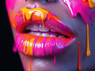 Brightly colored dripping paint over vibrant lips against a dark background in an artistic display of modern makeup techniques