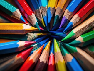 Colorful array of sharpened pencils arranged in a circular pattern showcasing vibrant hues at a creative workspace