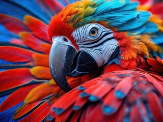 Obraz premium Brightly colored macaw showcasing vibrant feathers in a lush tropical setting, highlighting its striking plumage and captivating gaze during daylight