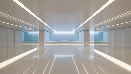Fototapeta premium A quiet and simple hallway Soft, indirect lighting and reflective surfaces create a calm and inviting atmosphere.