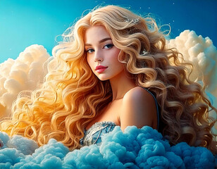 Portr&auml;t einer jungen Frau mit langen Blonden Haaren umgeben von Wolken. Seitliches Portr&auml;t mit Blick in die Kamera.