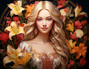 Portr&auml;t einer jungen Frau mit langen Blonden Haaren umgeben von Lilien. Portr&auml;t mit Blick in die Kamera.