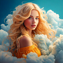 Portr&auml;t einer jungen Frau mit langen Blonden Haaren umgeben von Wolken. Seitliches Portr&auml;t mit Blick in die Kamera.