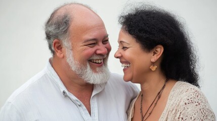 A senior biracial couple sharing an intimate moment, their expressions full of love and laughter, framed by a bright and simple background with copy space.