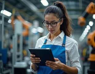 Fototapeta premium Young engineer using tablet in modern manufacturing facility